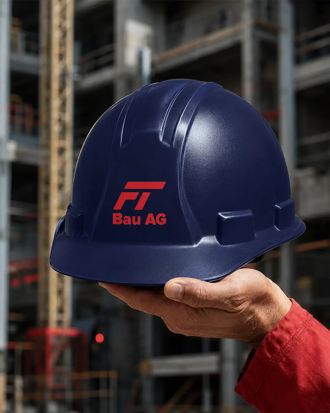 FT Bau AG identity applied to a construction safety helmet
