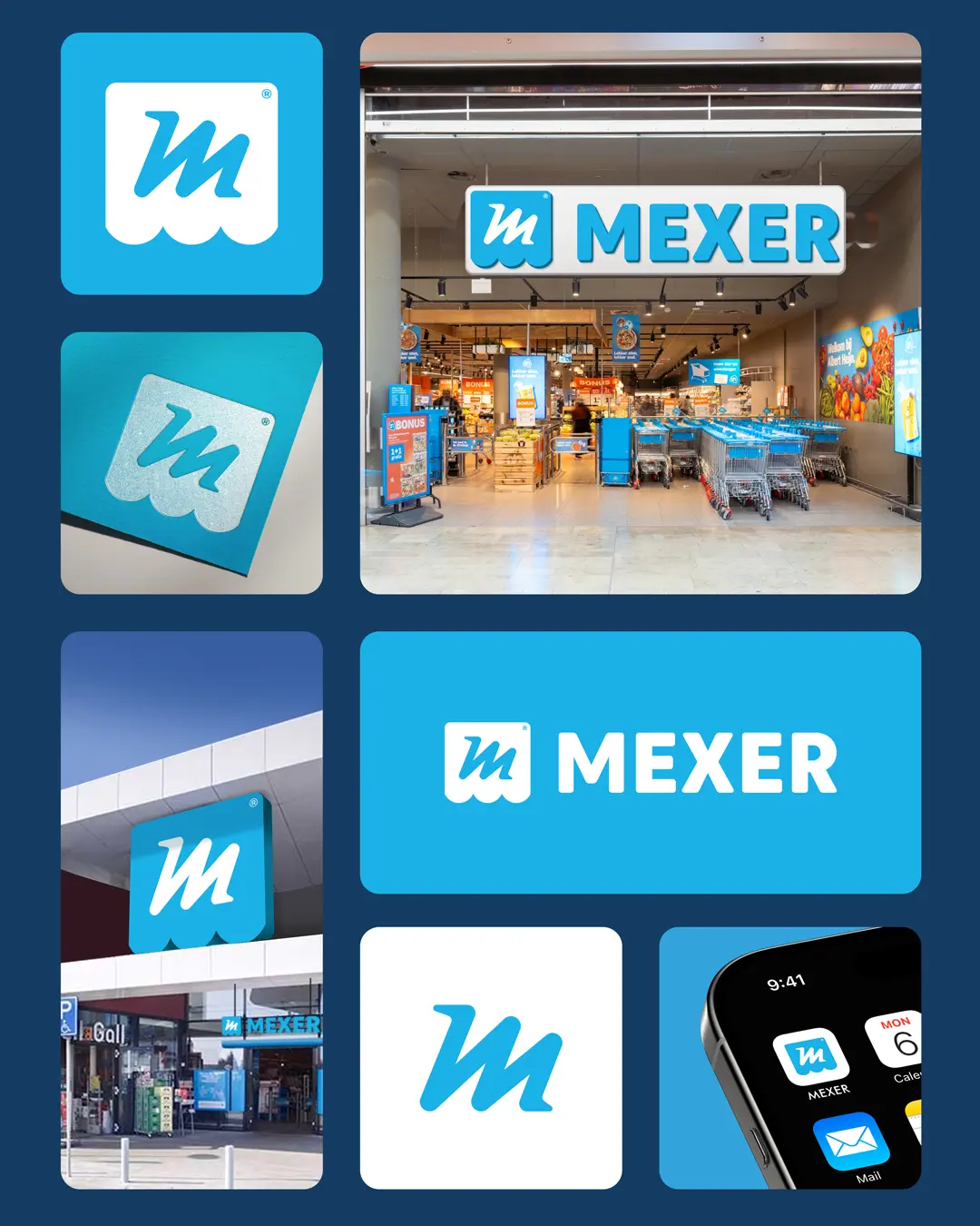 MEXER retail logo and storefront identity applications