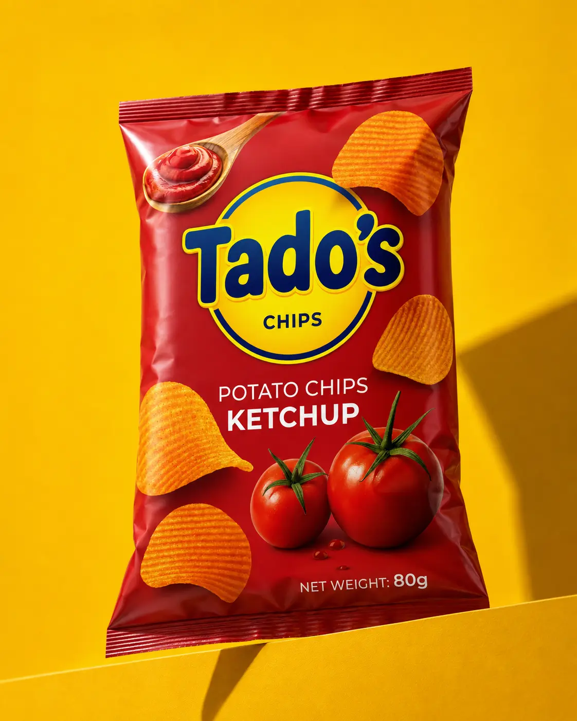 Tado’s Ketchup potato chips packaging presentation