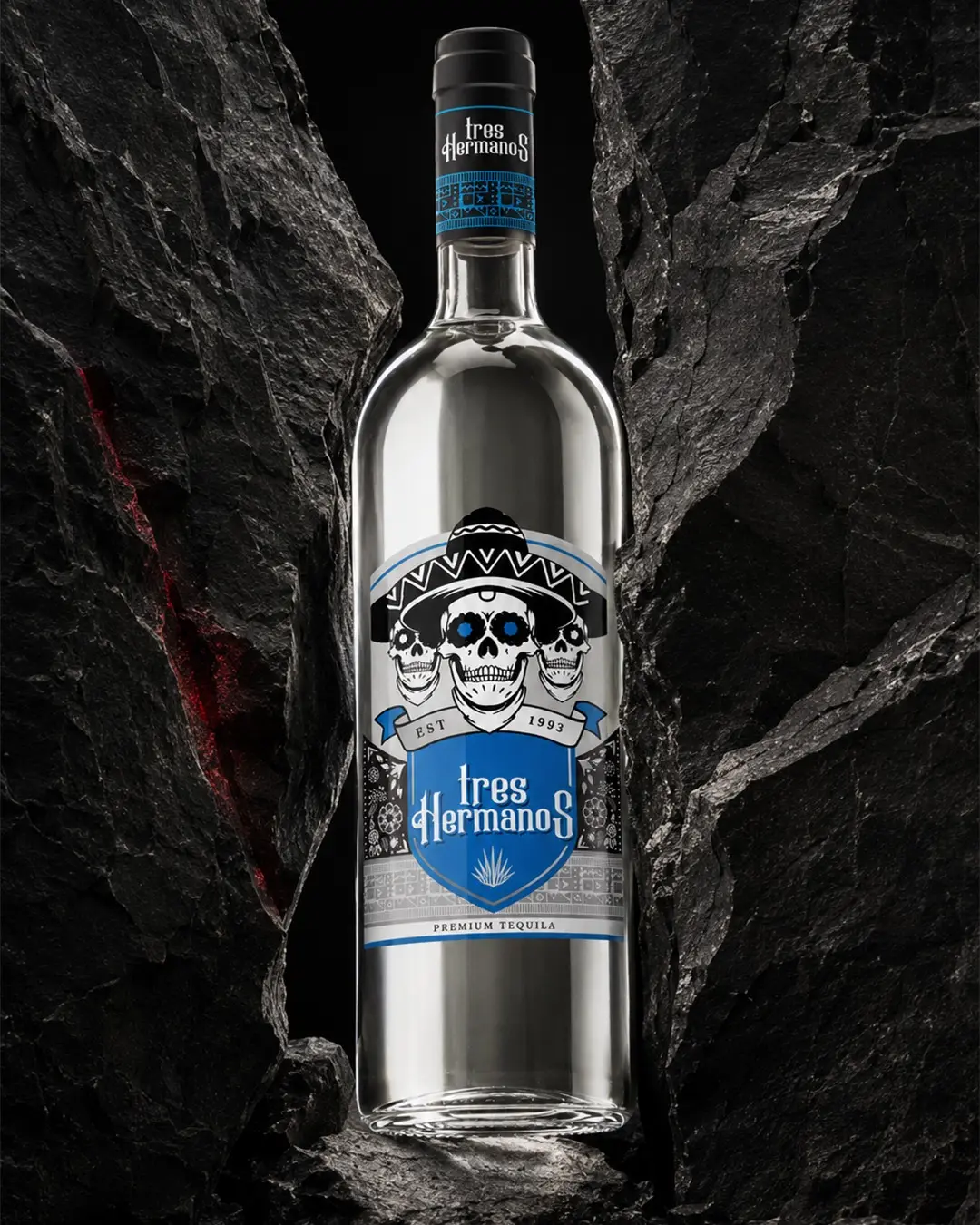 Tres Hermanos tequila bottle and label presentation